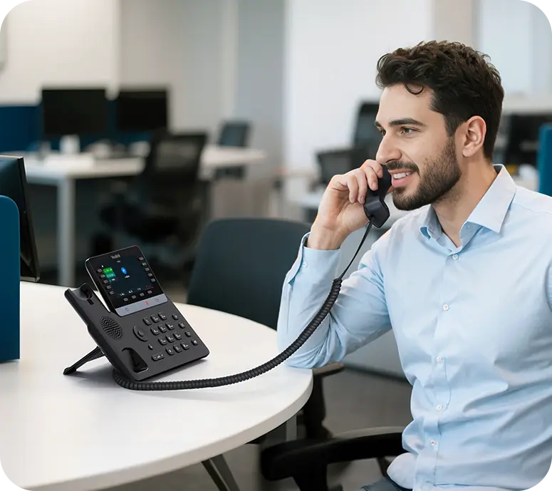 Office worker on a call using a Yealink T74W desk phone